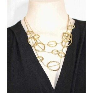 New Chico's Gold Tone Oval Circle Link Layered 3 Strand Modernist 21" Necklace